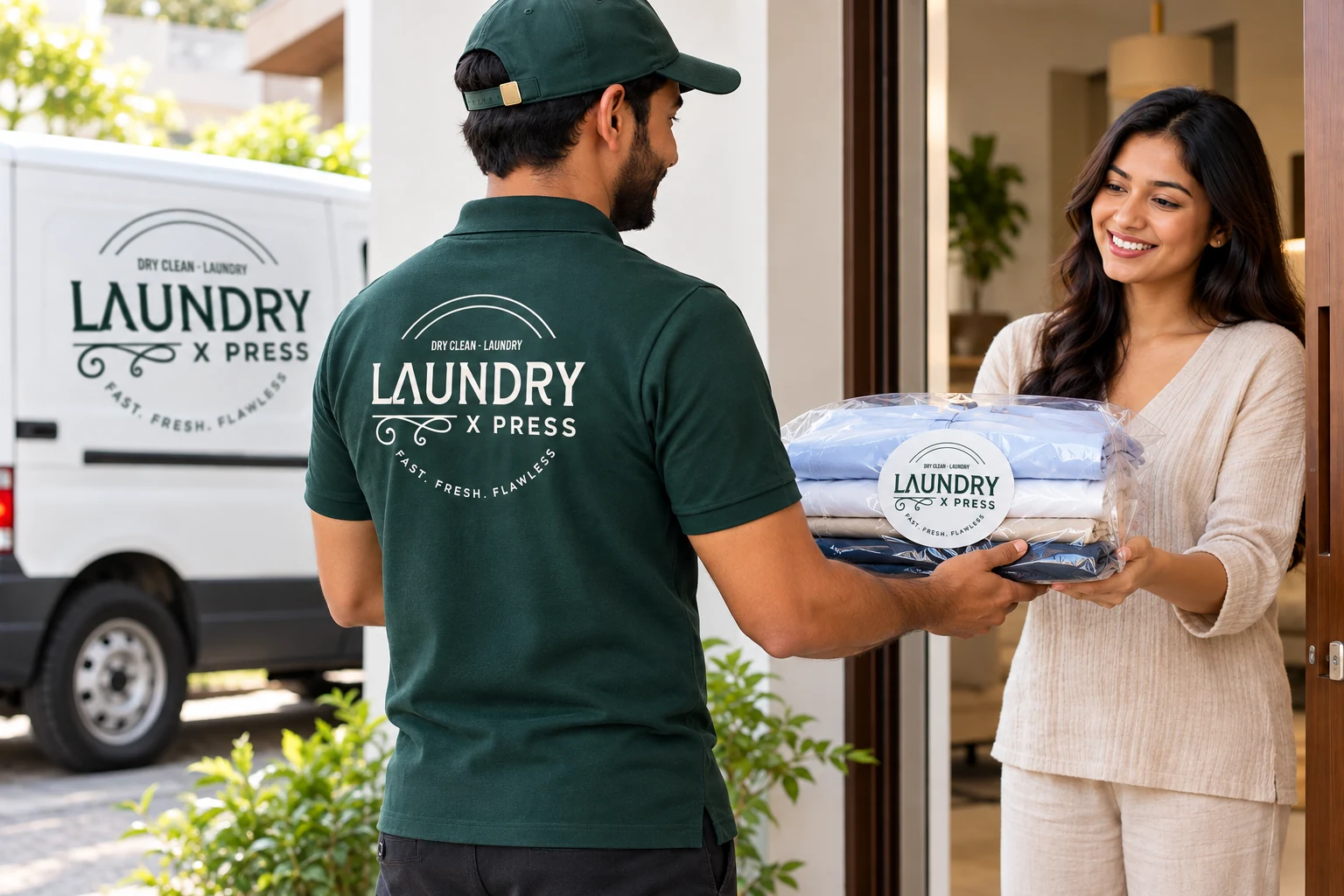 A Laundry X Press delivery driver handing neatly packed laundry to a customer at her doorstep.